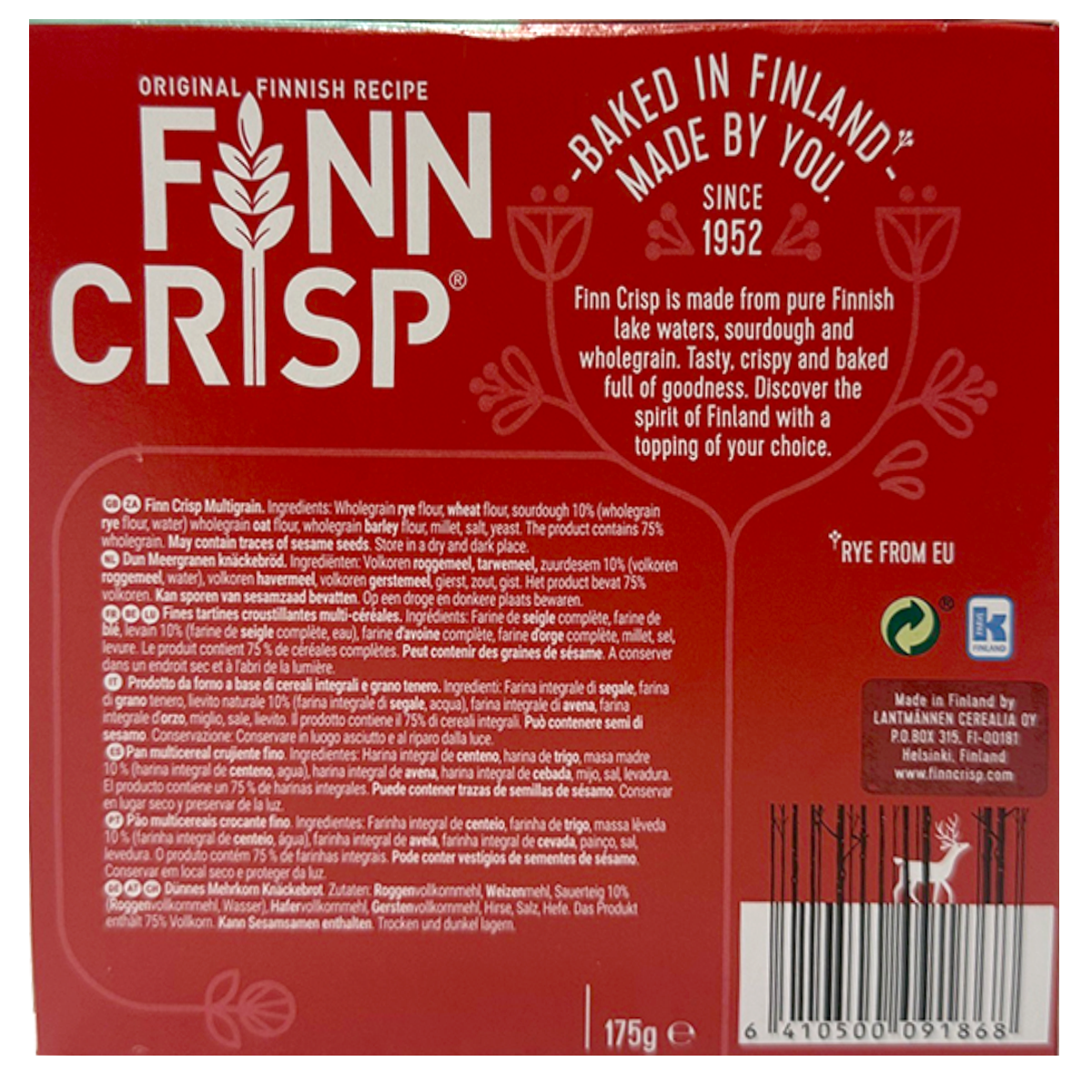 Finn multigrain sourdough rye thins, crunchy confectionery snack with visible grains and crispy texture on a white background.