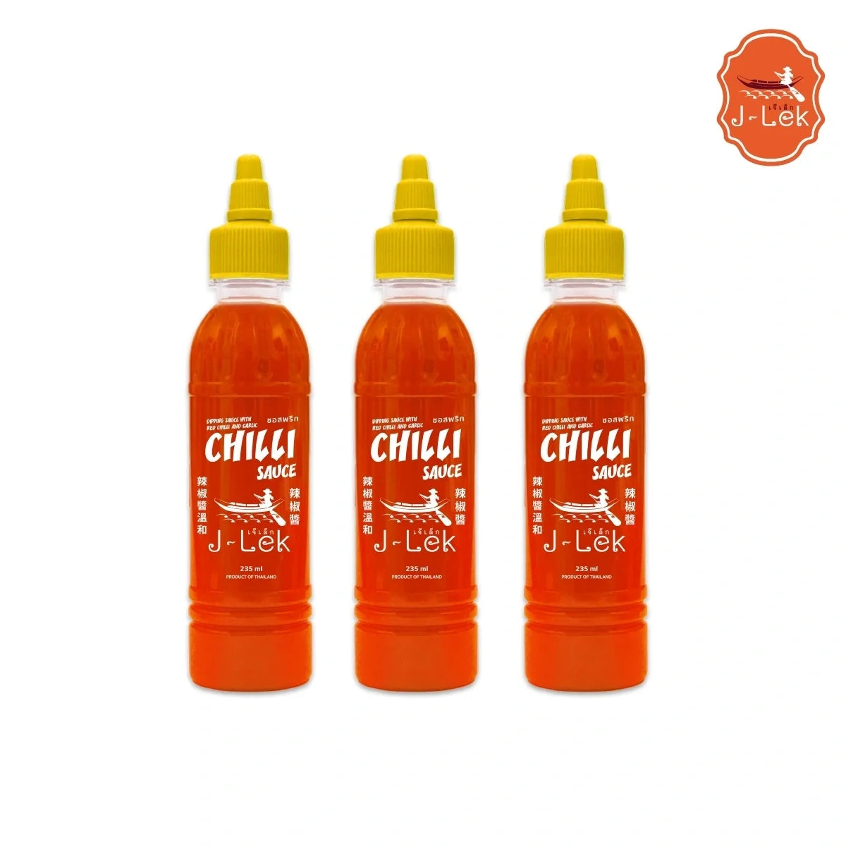 J-LEK Jay Lek Chili Sauce bottle, 235g, dry grocery product with bright red chili sauce visible in clear packaging.