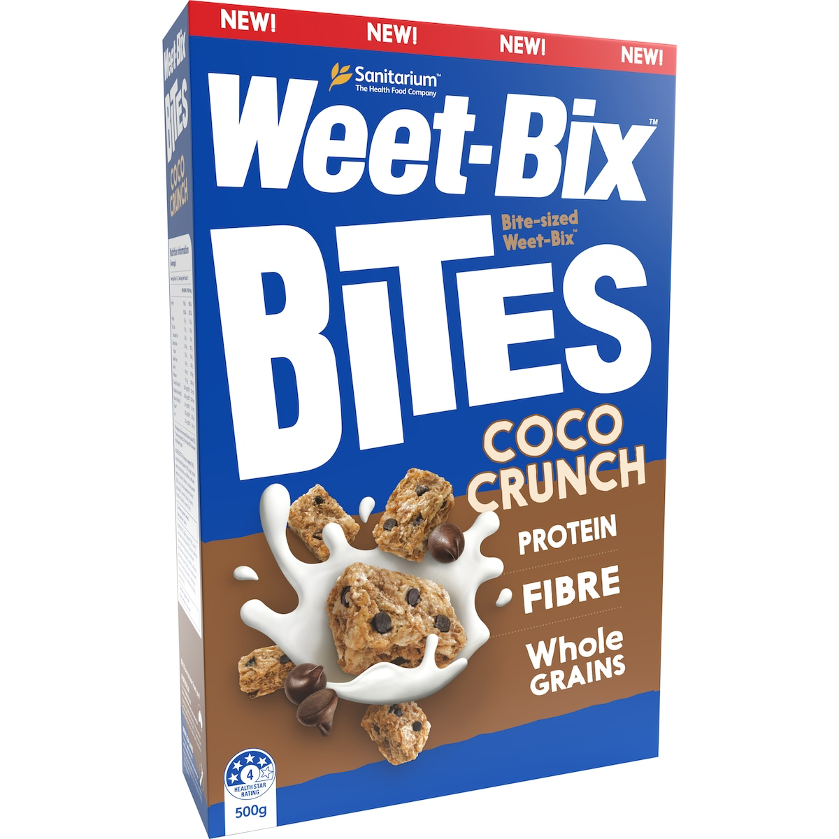 Sanitarium Weet-Bix Bites Coco Crunch breakfast cereal in a bowl with milk and cocoa flavor pieces, ready to serve.