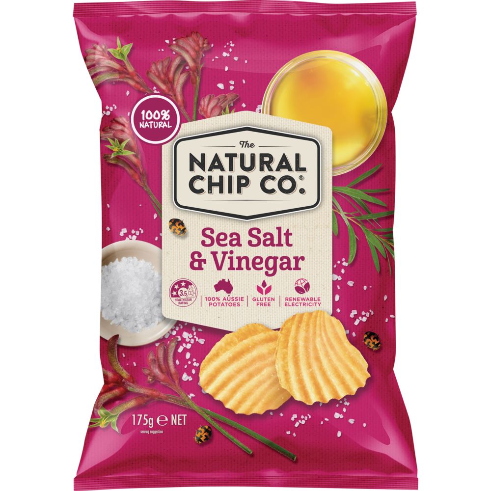 Cracker snack with sea salt and vinegar flavor by The Natural Chip Co. shown in the image