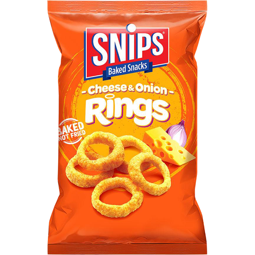 Snips Cheese & Onion Rings confectionery snacks in a colorful bag, featuring golden cheese and onion-flavored snack rings.