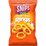 Snips Cheese & Onion Rings confectionery snacks in a colorful bag, featuring golden cheese and onion-flavored snack rings.