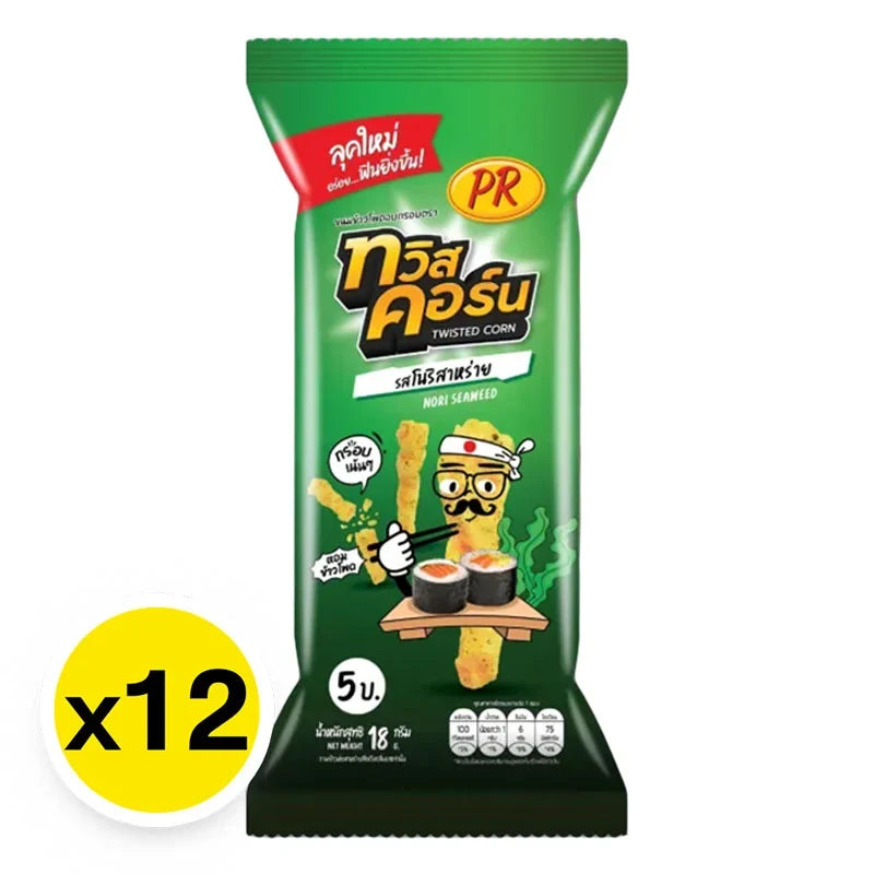 PR Twist Corn Snack in Nori Seaweed flavor, 18g x12 pack, crispy corn snack with seaweed flavor, ideal for dry grocery snack selection.