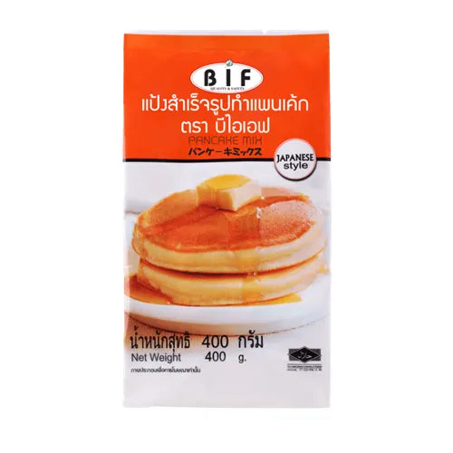 BIF Pancake Mix in a bag, dry grocery product for making pancakes, with a close-up of the packaging.