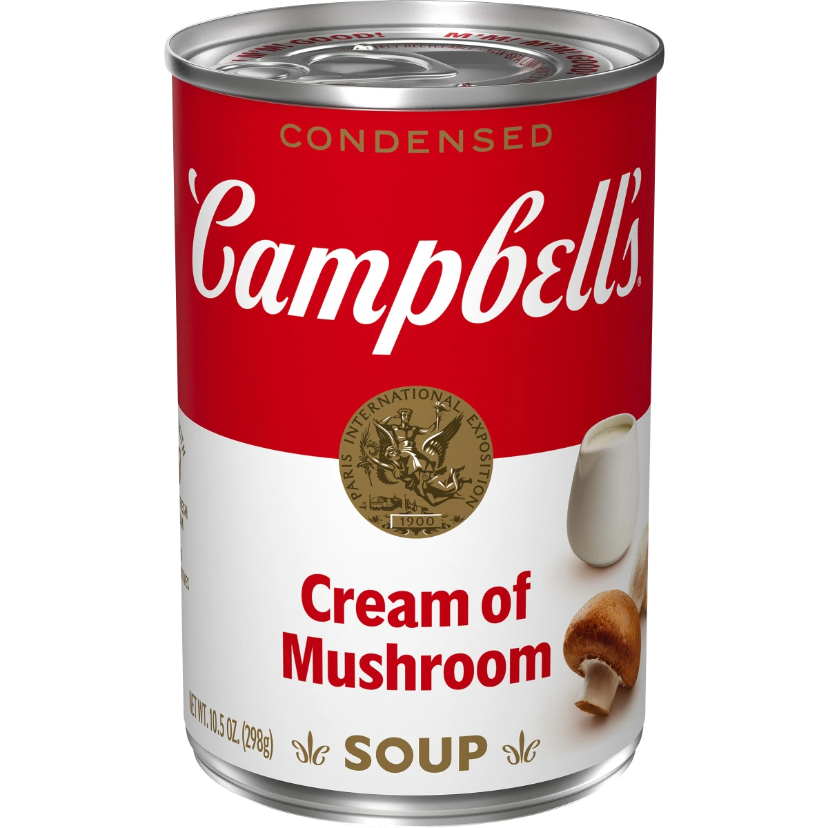Cans of Campbell's Cream of Mushroom Soup, a versatile grocery item with creamy mushroom soup in a classic Campbell's can