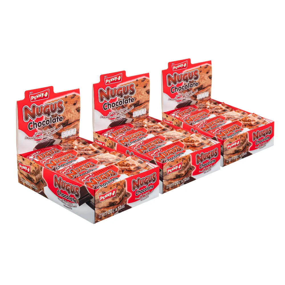 Pennyo Nugus Chocolate Flavor snack pack, 12 pieces of dry grocery confectionery with chocolate flavor in colorful packaging.