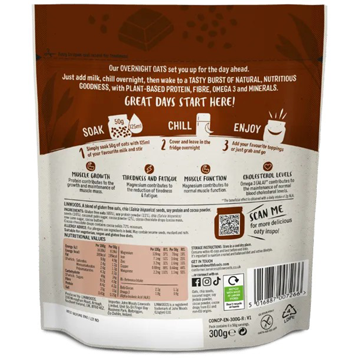 Linwoods Chocolate Protein Overnight Oats in a bowl, showing creamy oats topped with chocolate and protein mix.
