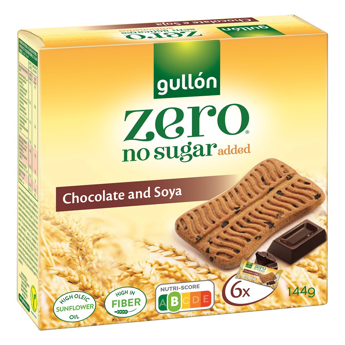 Gullon No Sugar Added Chocolate and Soya confectionery snack with chocolate coating and soy filling in a colorful package.