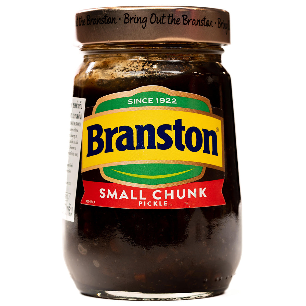 Small chunk Branston Pickles jar, a grocery product with a label showing the classic Branston branding and chunks of pickled vegetables.