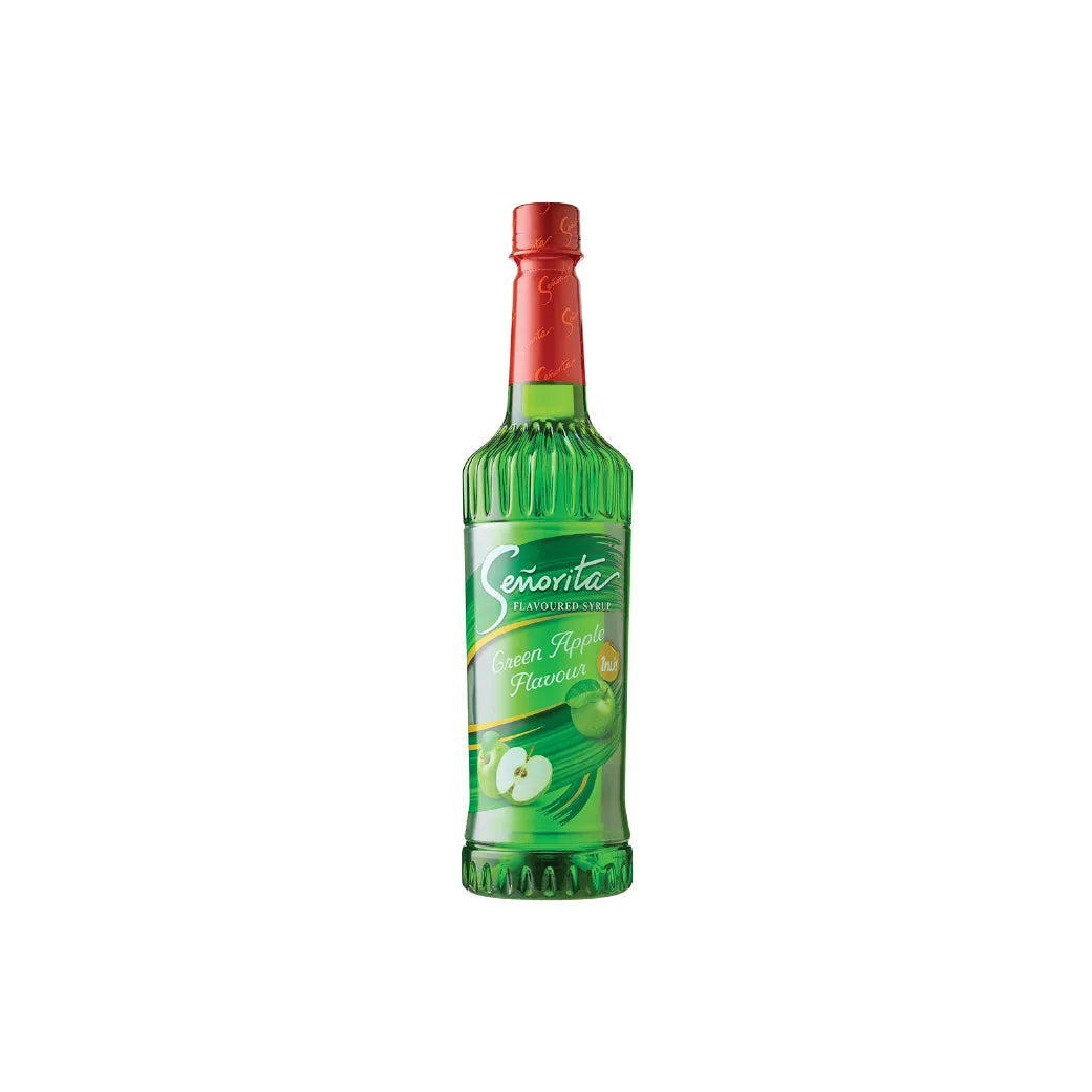 Senorita Green Apple Flavored Syrup 750ml bottle, ideal for beverages and desserts in dry grocery section.