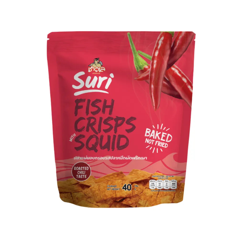 Chaolay Fish Crisps with Squid, 40g pack, showing crispy seafood snack with squid pieces in a colorful package.