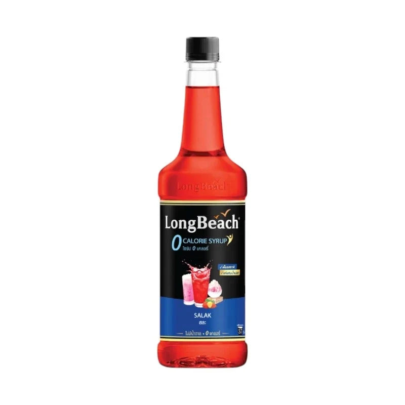 LongBeach Zero Calories Salak Fusion Syrup bottle, dry grocery product with a colorful label, designed for flavoring beverages.