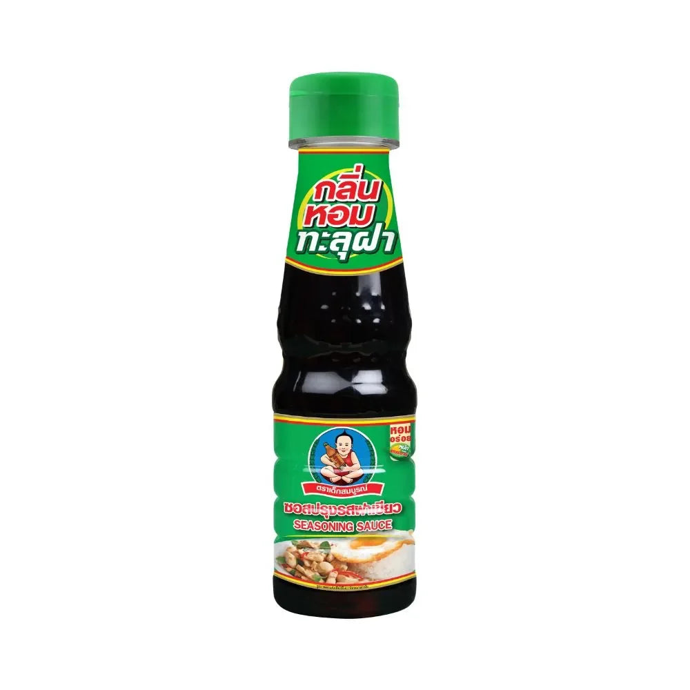 Deksomboon Seasoning Sauce 140ml bottle, a savory dry grocery condiment with a dark liquid appearance.
