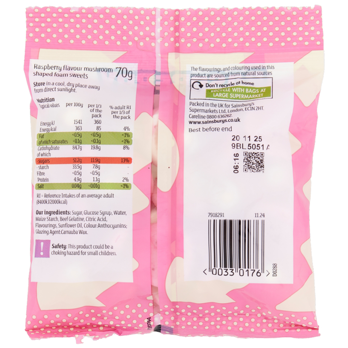 Sainsbury's raspberry foam mushroom sweets, colorful confectionery snacks with soft foam texture and fruity raspberry flavor.