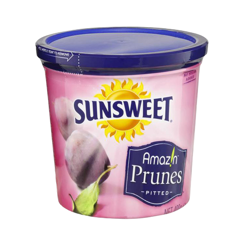 Sunsweet Seedless Prunes, a pack of natural confectionery snacks with glossy, dark, seedless plums ready to eat.