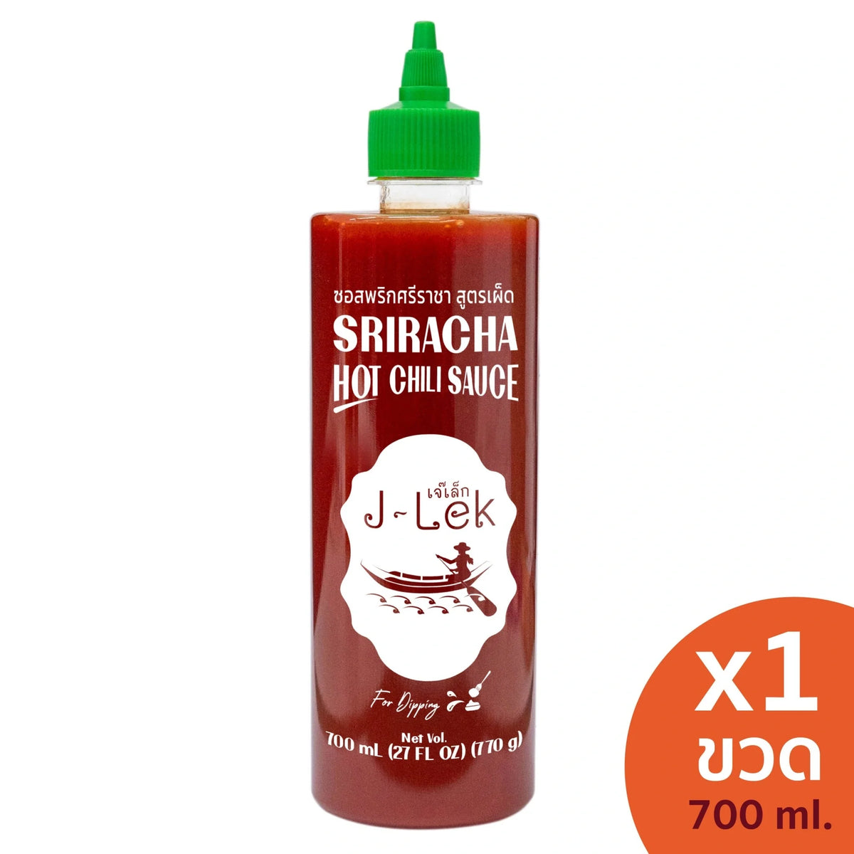 J-lek Sriracha Hot Chili Sauce 820g bottle, spicy Thai-style chili sauce with vibrant red color, used for cooking and dipping