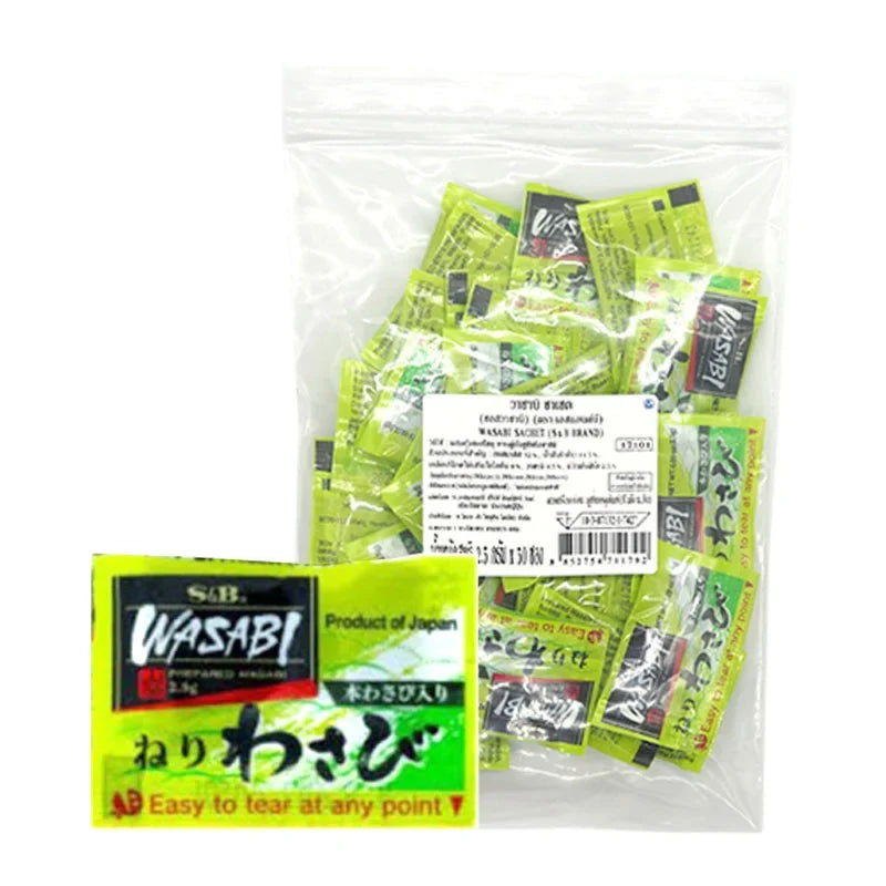 S&B Wasabi mini sachets, 2.5g each, featuring bright green wasabi paste for sushi and Japanese cuisine, in a pack of 50.
