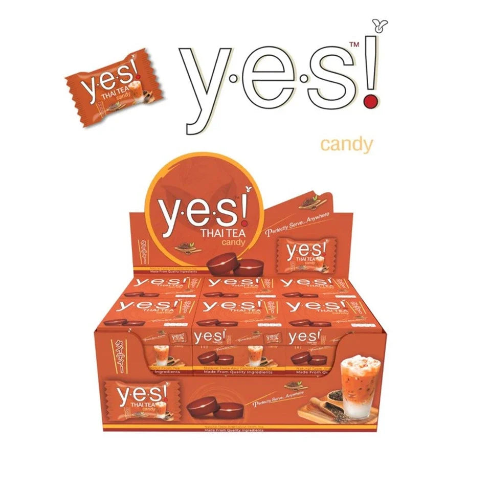YES Thai Tea flavored candy, a snack confectionery, showing colorful wrappers and candies in a bowl.