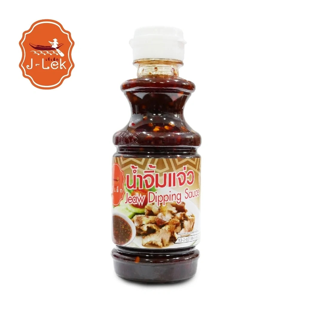 J-lek Jaew Sauce 240g jar, Thai-style spicy dipping sauce with rich red color and thick consistency in a glass jar.