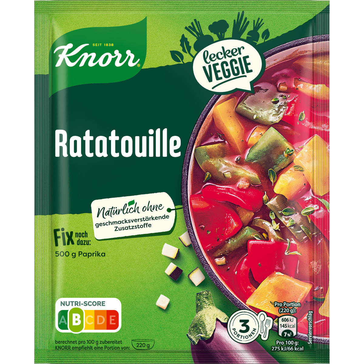 Knorr Fix Ratatouille Sauce packet showing colorful vegetable ingredients and branding for flavorful vegetable dish preparation.