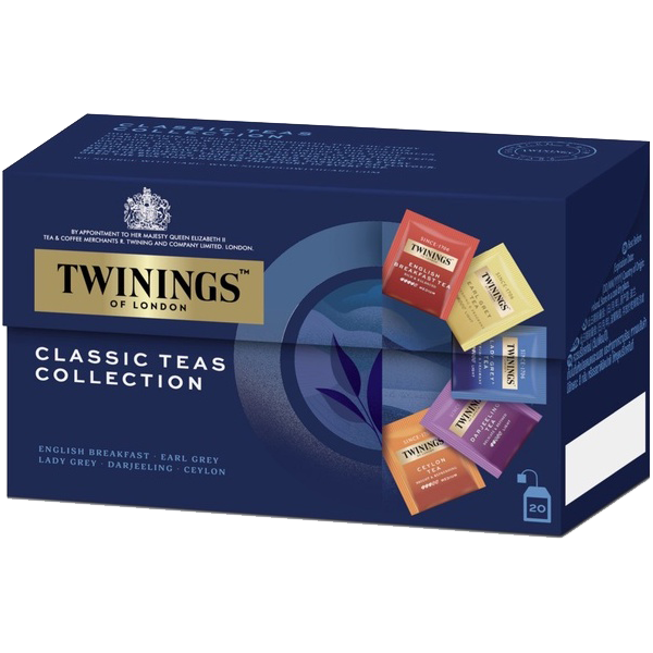 Twinings Classic Scented Pack of tea drinks with colorful packaging, showcasing the Twinings brand and variety of tea flavors.