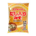 MARUSAN-AI Sanchan Dashi Iri Miso made with soybeans, dry grocery product, showing packaged miso paste in a container
