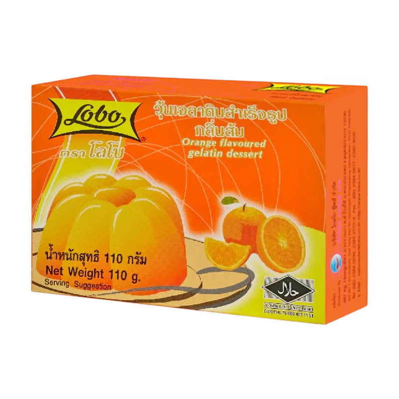 Lobo Orange Scent Gelatin Jelly in 110g dry grocery pack, bright orange color and smooth texture, ready to dissolve for desserts