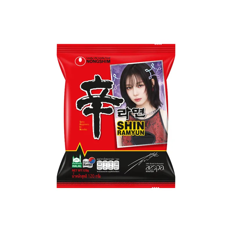 Dried Nongshim Shin Ramyun instant noodle pack from NONGSHIM, showcasing spicy Korean ramen noodles in packaging.