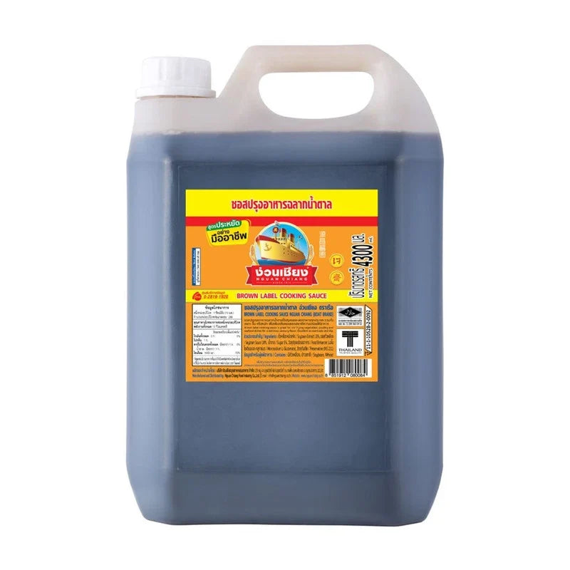Nguan Chiang Brown Label Seasoning Sauce in 4300ml bottle, ideal for Asian cooking, showcasing the dark, rich sauce in a clear bottle.