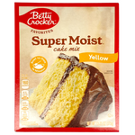 Betty Crocker Super Moist Yellow Cake Mix in a box, ready for baking, with colorful packaging showing the cake image.