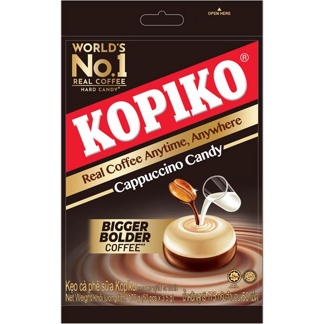Kopiko Cappuccino confectionery snack in packaging with coffee-flavored candies and branding on the wrapper.