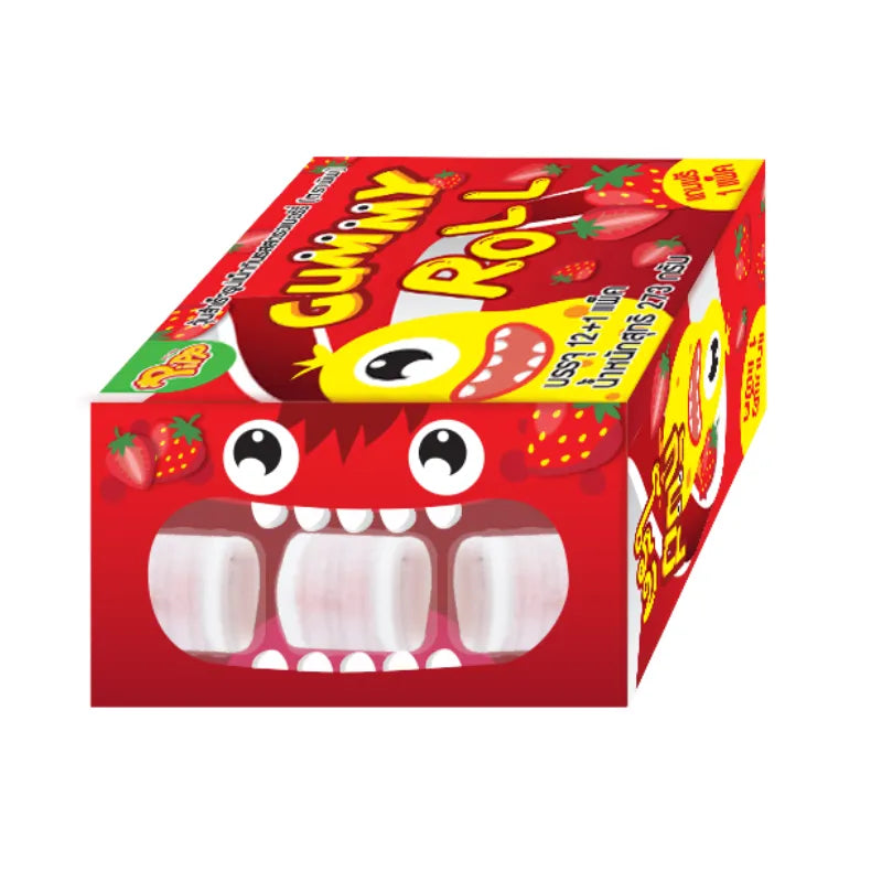 Pipp Gummy Roll Strawberry flavor snack pack, 21g each, 12 pieces in a colorful candy package, ideal for snack lovers.