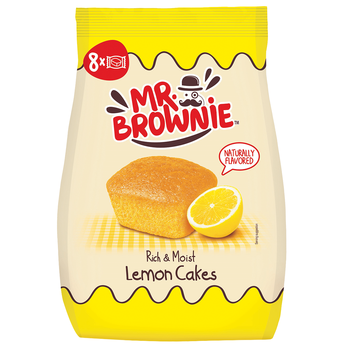 Mr.Brownie Lemon Cake, a confectionery snack with a lemon-flavored baked dessert topped with frosting and lemon slices.