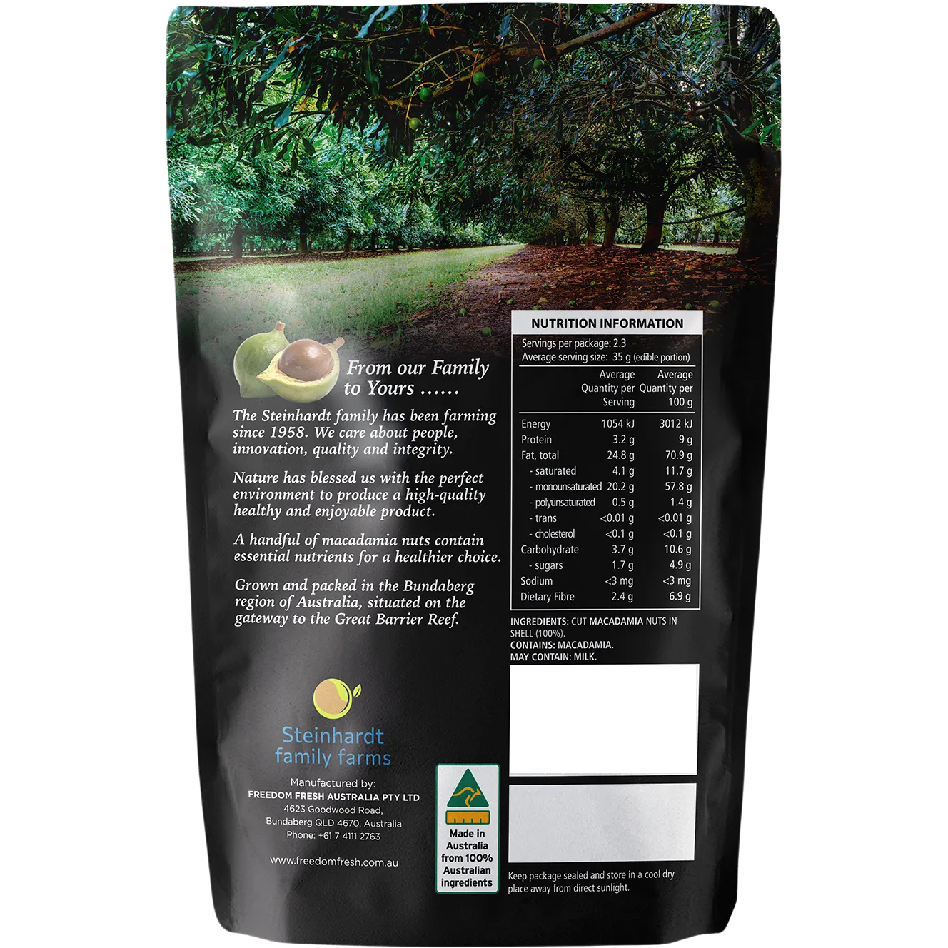Dry roasted golden crunch macadamias by The Original, sweet and crunchy confectionery snack with a golden toasted coating.
