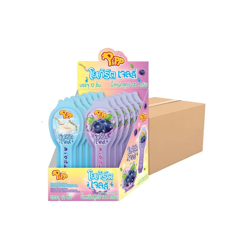 PIPP Pipp Pip Yogurt Jelly Stick Blueberry flavor packs, 12g each, in a colorful snack pack for dry grocery and confectionery.