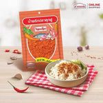 ThaiDerm Pladukfu chili flakes in a 22g package, stacked in six packs, ideal for adding spicy flavor to dishes.