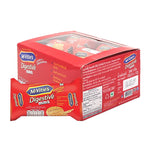 Pack of Mcvities Digestive Minis Whole Wheat Biscuits, 32.5g x12, showing golden-brown snack biscuits in a clear tray.