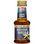 Bottle of Dr. Oetker vanilla extract for baking, with clear labeling and a dark cap, on a kitchen countertop.