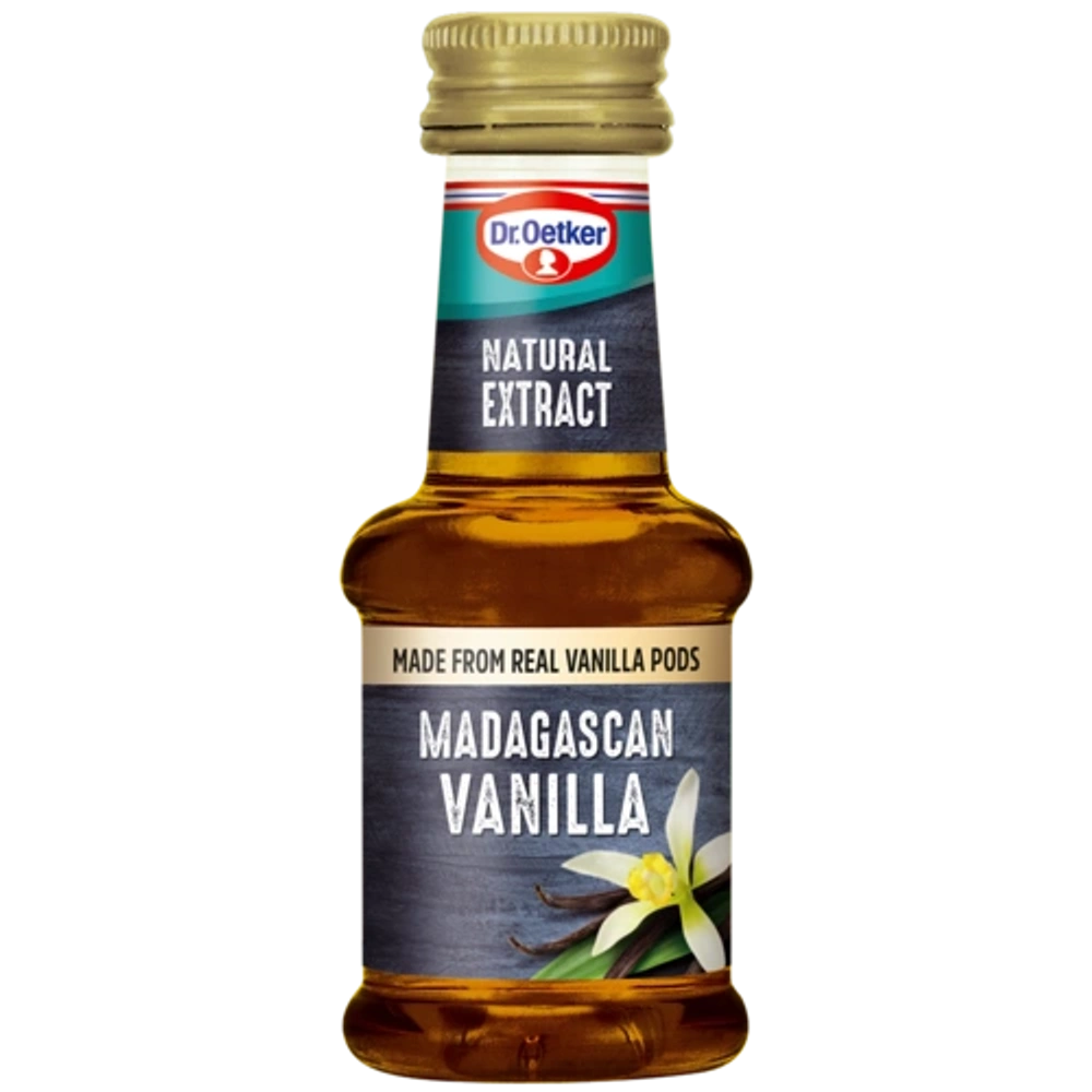 Bottle of Dr. Oetker vanilla extract for baking, with clear labeling and a dark cap, on a kitchen countertop.