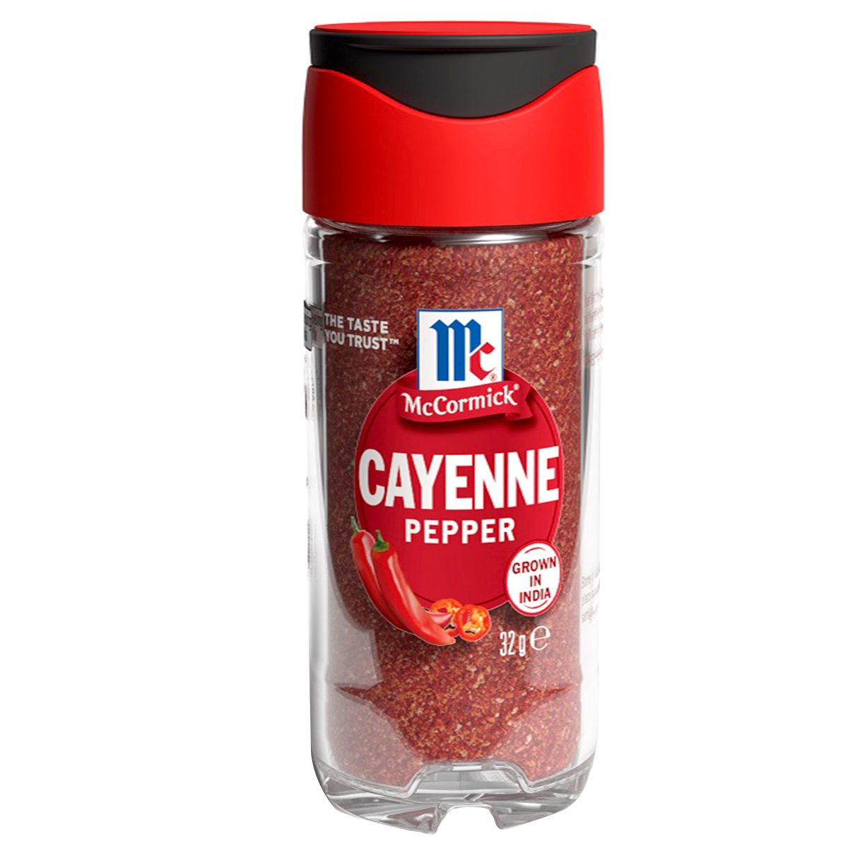 Ground McCormick Cayenne Pepper in a spice jar, showing vibrant red chili powder used for cooking and seasoning.