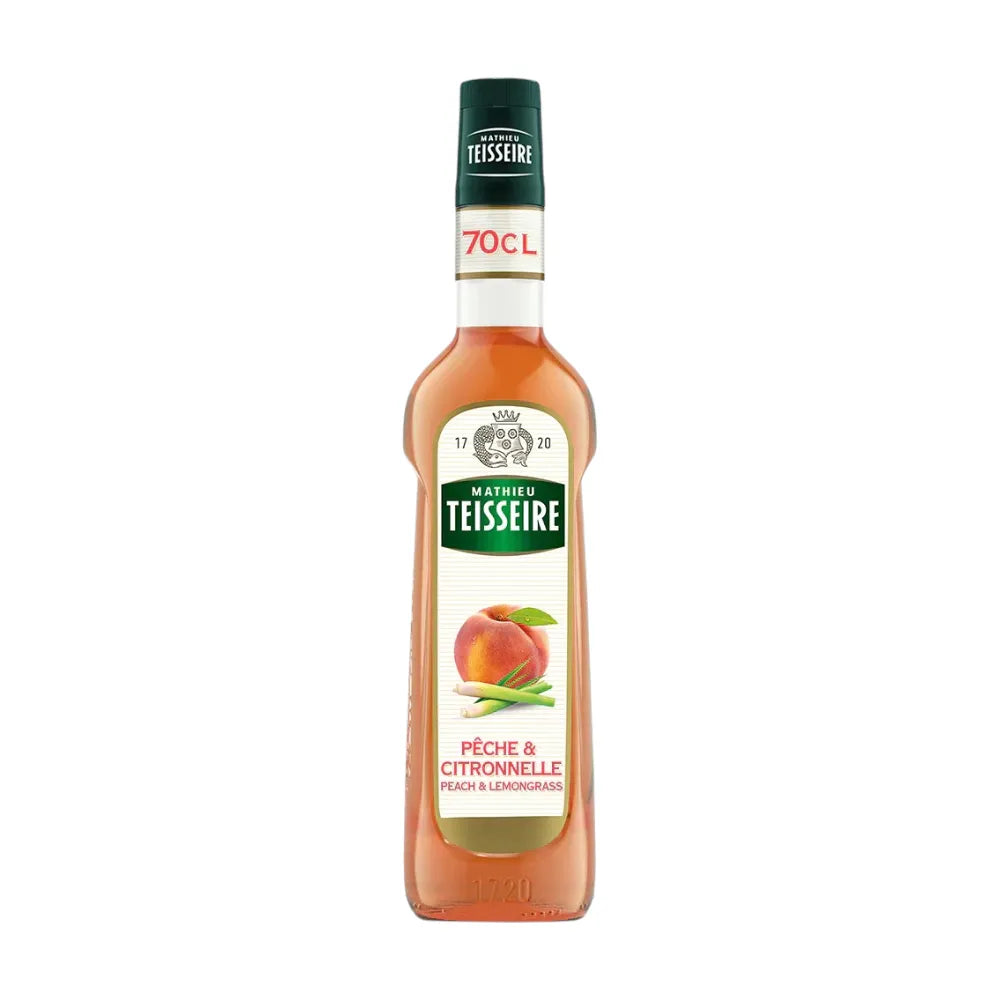 Mathieu Teisseire Peach and Lemongrass Syrup 700ml bottle for beverages in dry grocery section.