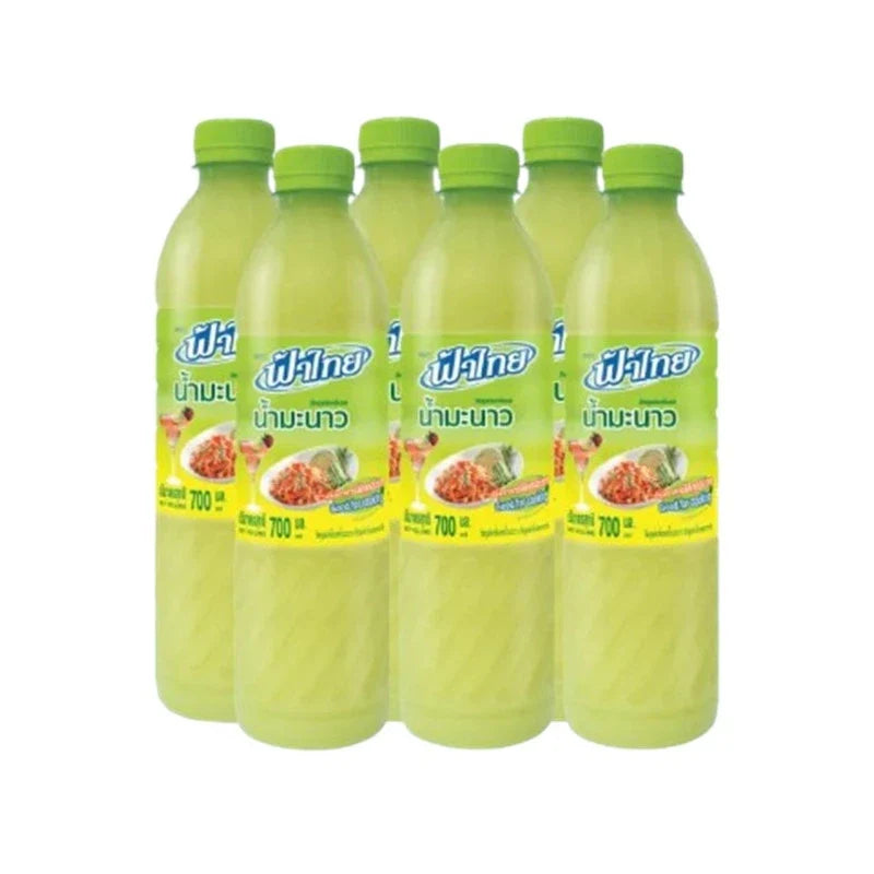 FATHAI Lime Juice 700ml bottle, pack of six, in clear plastic bottles with green caps, for cooking and beverages.
