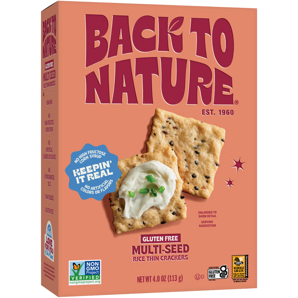 Back To Nature gluten-free multi-seed confectionery snack in a clear package with visible seeds and natural ingredients.