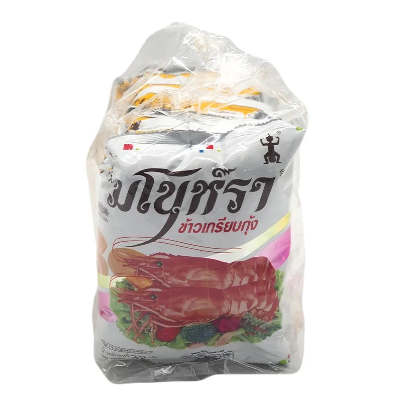 Manora Fried Prawn Crackers, 35g snack pack, crispy seafood-flavored dry grocery snack, packed in a box of six.