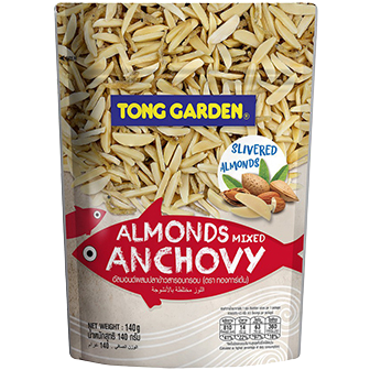 Tong Garden Almonds Anchovy confectionery snacks in a colorful package, displaying almonds and anchovy ingredients.