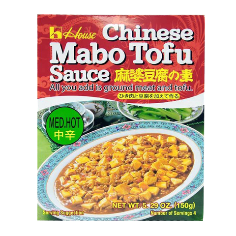 House Mabo Tofu Nikunashi medium sauce in a jar, featuring spicy soy-based sauce with tofu and vegetables for Asian dishes.