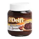 Delfi Rich Chocolate Spread jar with smooth, creamy chocolate spread inside, labeled with Delfi brand and product name.