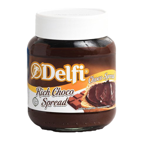Delfi Rich Chocolate Spread jar with smooth, creamy chocolate spread inside, labeled with Delfi brand and product name.