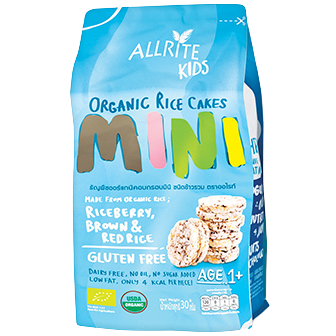 Allrite Kids Organic Rice Cakes Mini in original bakery style, showing small, round rice cakes perfect for children.