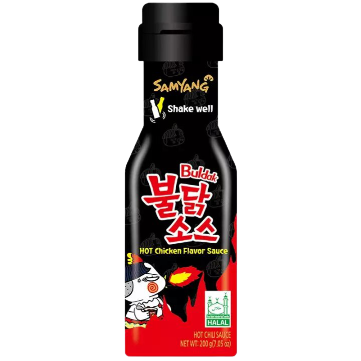 Samyang Buldak Hot Chicken Sauce bottle, spicy Korean hot chicken sauce in a clear plastic container with red and yellow label.